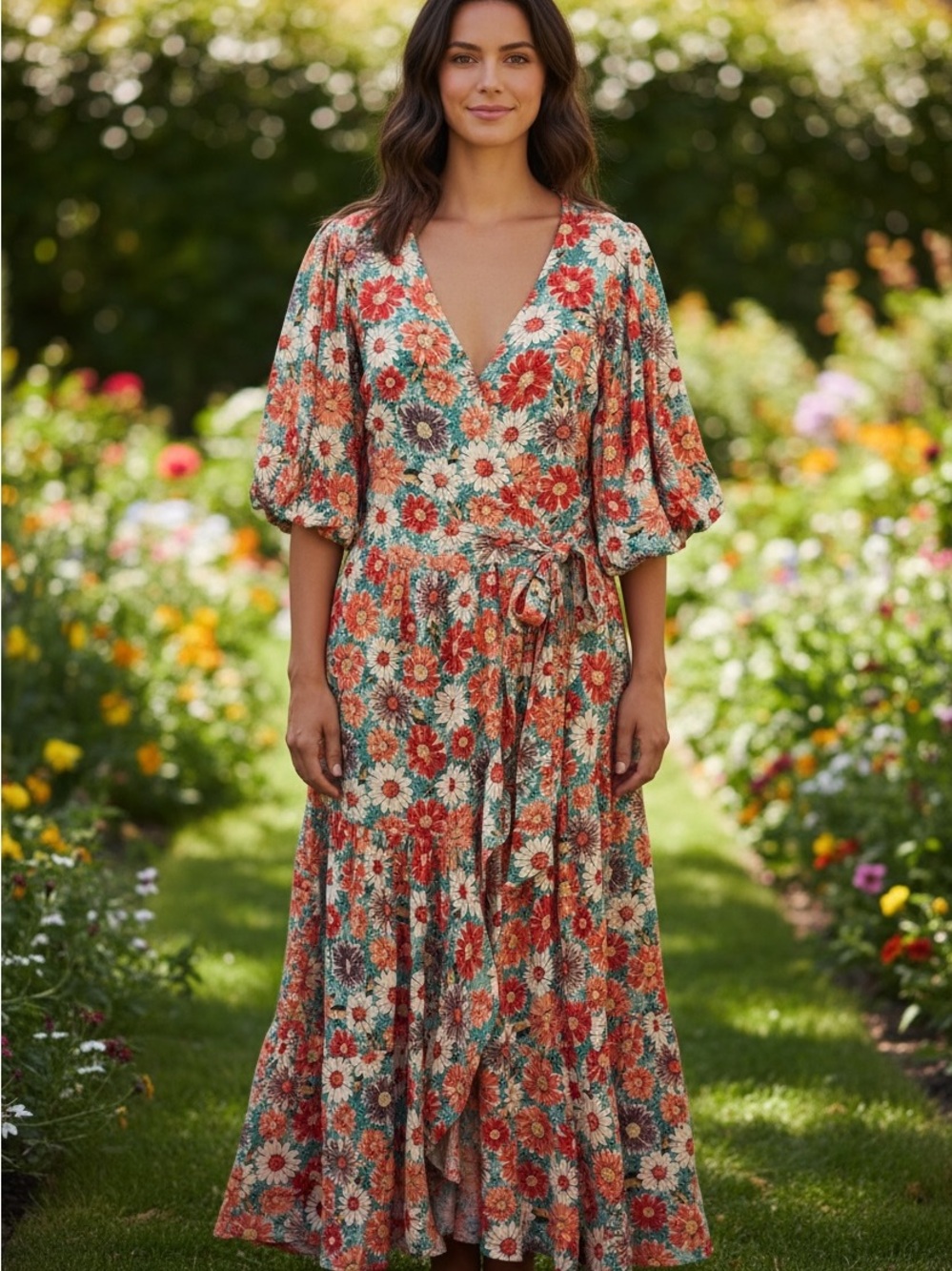 Easel Nostalgia Core 90’s Floral V-Neck Wrap Midi Dress in Coral and Teal